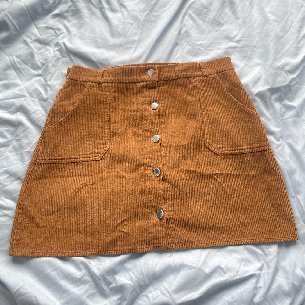 Button-Front Corduroy A-Line Mini Skirt light brown